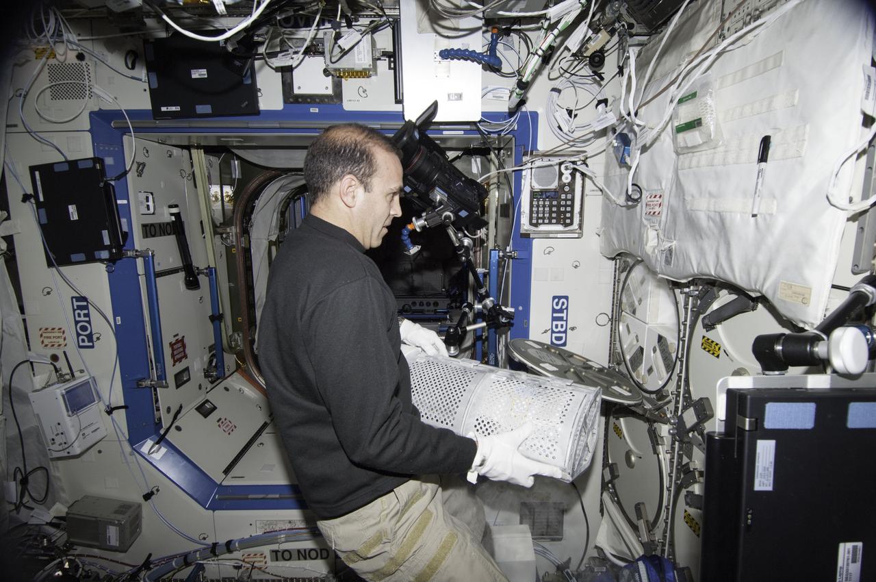 ISS038-E-006765 (21 Nov. 2013) --- In the International Space Station's Destiny laboratory, NASA astronaut Rick Mastracchio, Expedition 38 flight engineer, prepares to replace a dewar tray in the Minus Eighty Laboratory Freezer for ISS (MELFI) after inserting biological samples into the trays.