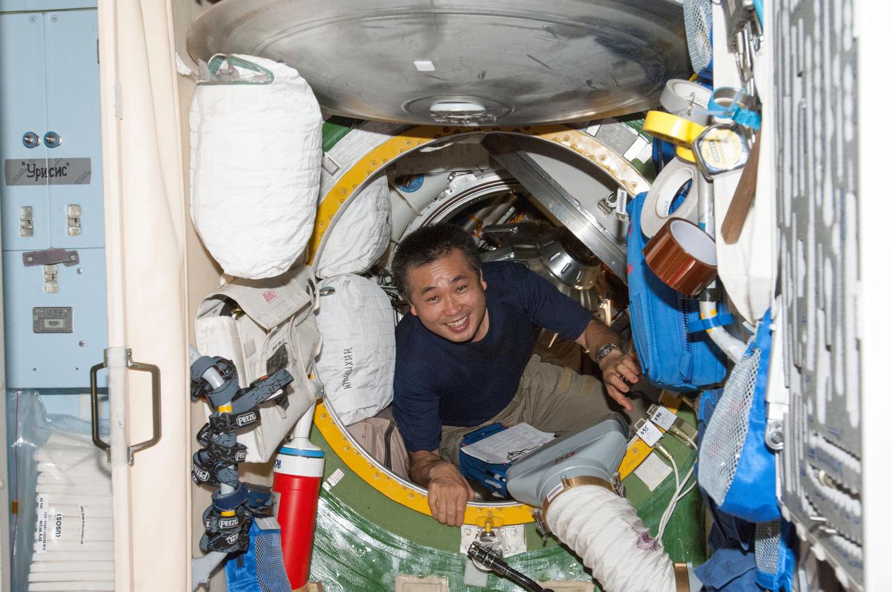 ISS038-E-010407 (30 Nov. 2013) --- Japan Aerospace Exploration Agency astronaut Koichi Wakata, Expedition 38 flight engineer, is pictured in a hatch in the Russian segment of the International Space Station.