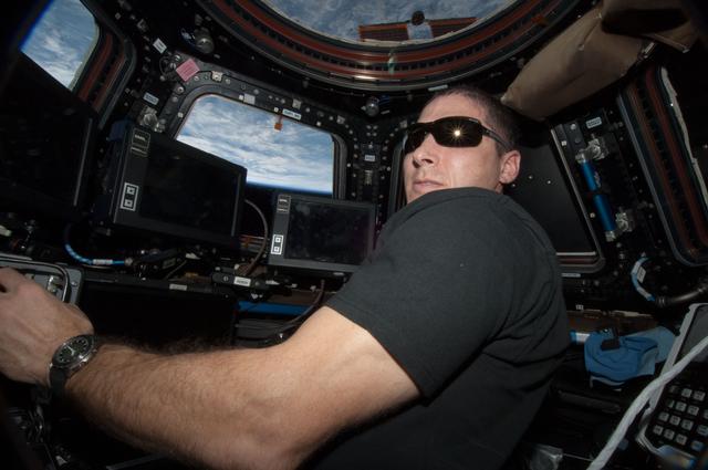 NASA image: Hopkins at Robotic controls in the Cupola Module