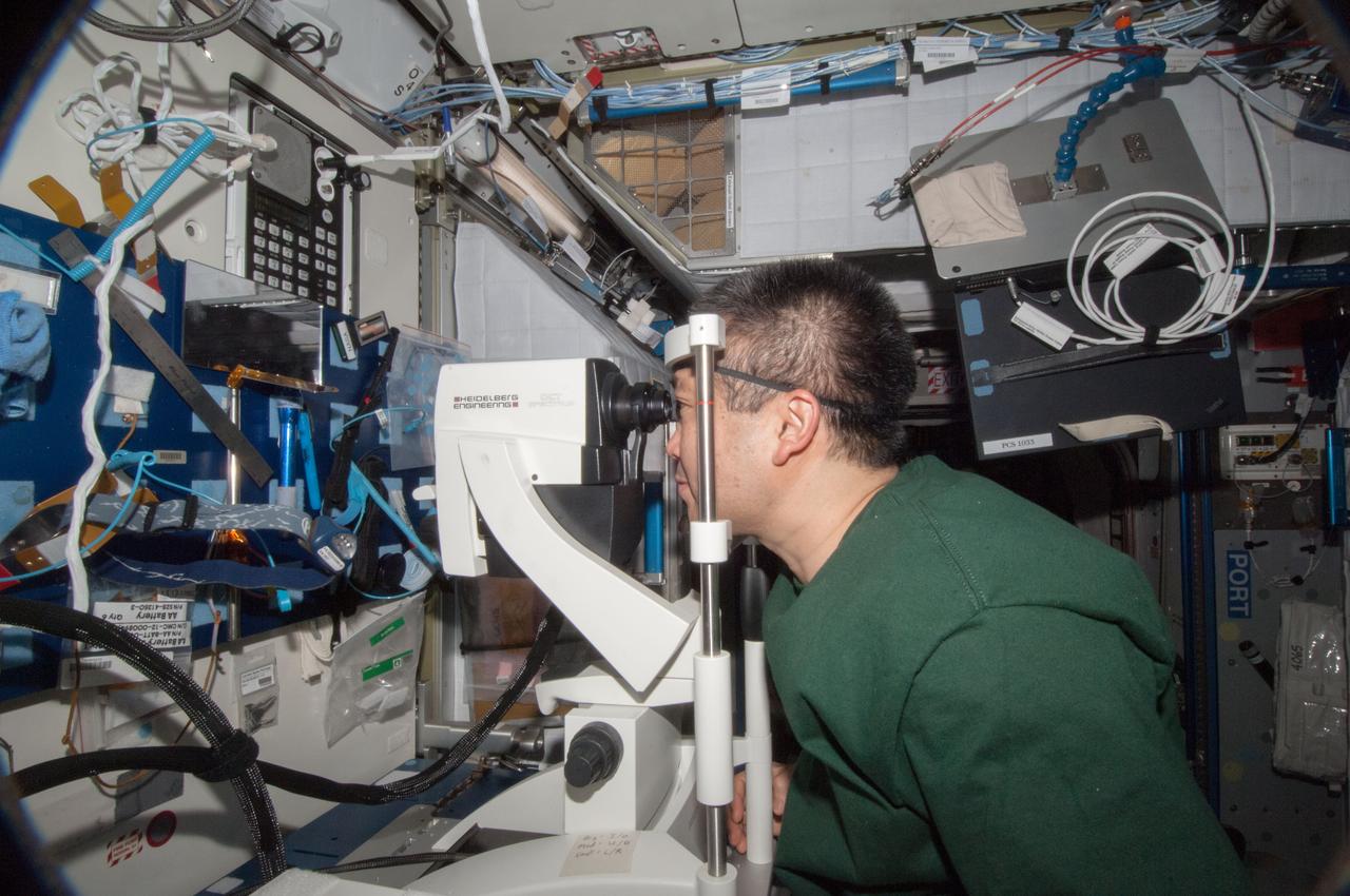 ISS038-E-011806 (4 Dec. 2013) --- In the International Space Station?s Harmony node, Japan Aerospace Exploration Agency astronaut Koichi Wakata, Expedition 38 flight engineer, performs an eye exam for the Ocular Health experiment which observes and seeks to understand vision changes during long-term space missions.
