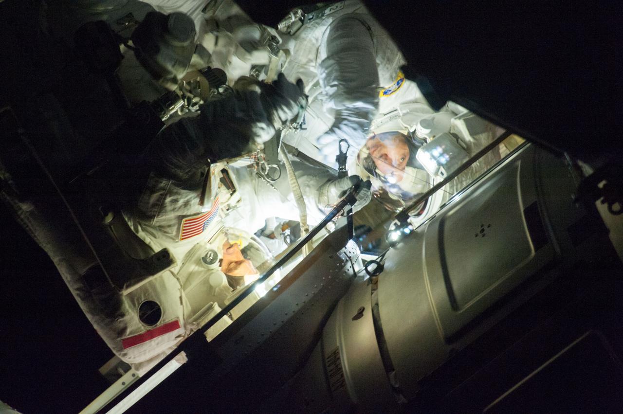 View of Rick Mastracchio and Mike Hopkins,both Expedition 38 Flight Engineers (FEs),after egress from airlock (A/L) during International Space Station (ISS) Extravehicular Activity (EVA) 25. Image was released by astronaut on Twitter.
