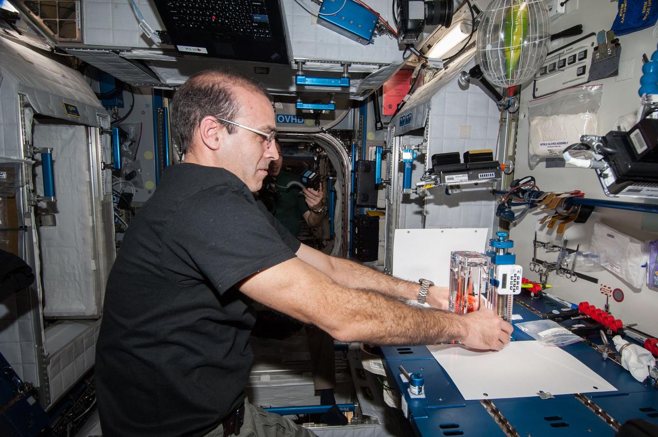 ISS038-E-025002 (3 Jan. 2014) --- NASA astronaut Rick Mastracchio, Expedition 38 flight engineer, conducts a session with the Capillary Flow Experiment (CFE-2) in the Harmony node of the International Space Station. CFE is a suite of fluid physics experiments that investigate how fluids behave in microgravity which could benefit water and fuel delivery systems on future spacecraft. Scientists designed the CFE-2 to study properties of fluids and bubbles inside containers with a specific 3-D geometry. NASA astronaut Mike Hopkins (mostly obscured in the background), flight engineer, uses a still camera to photograph the session.