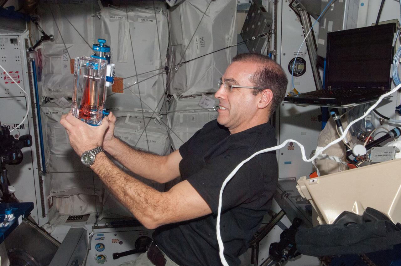 ISS038-E-025016 (3 Jan. 2014) --- NASA astronaut Rick Mastracchio, Expedition 38 flight engineer, conducts a session with the Capillary Flow Experiment (CFE-2) in the Harmony node of the International Space Station. CFE is a suite of fluid physics experiments that investigate how fluids behave in microgravity which could benefit water and fuel delivery systems on future spacecraft. Scientists designed the CFE-2 to study properties of fluids and bubbles inside containers with a specific 3-D geometry.