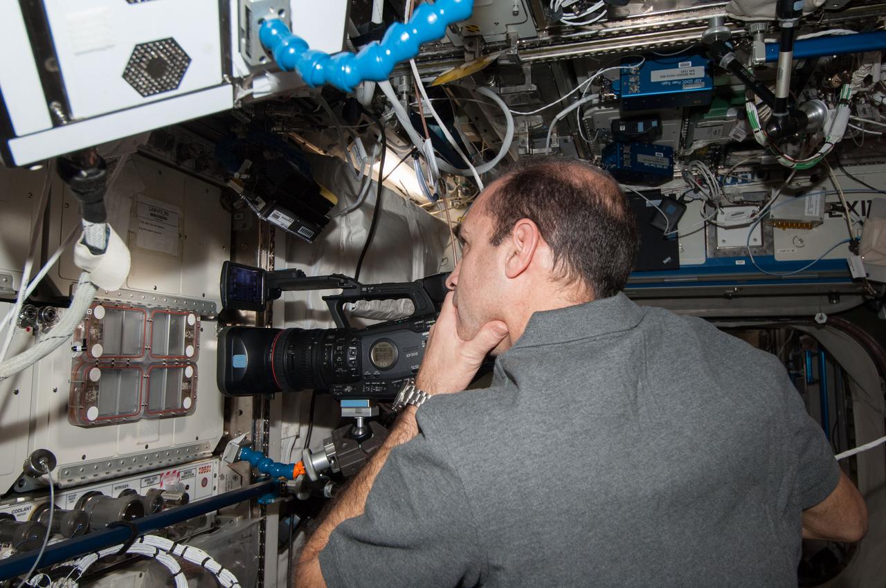 ISS038-E-029059 (12 Jan. 2014) --- In the International Space Station's Destiny laboratory, NASA astronaut Rick Mastracchio, Expedition 38 flight engineer, uses a video camera to photograph the Ant Forage Habitat Facility which will study ant behavior and colonization in microgravity.