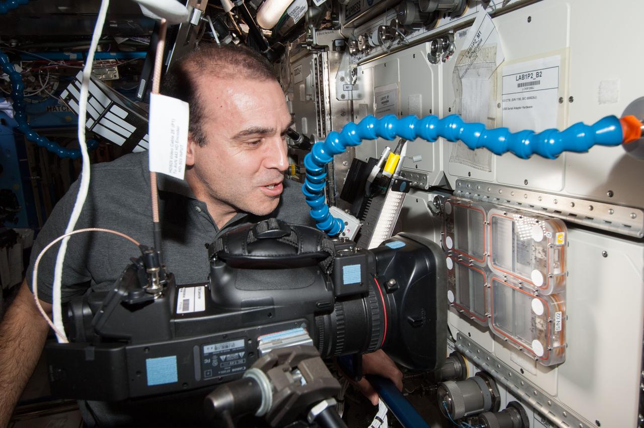 ISS038-E-029065 (12 Jan. 2014) --- In the International Space Station's Destiny laboratory, NASA astronaut Rick Mastracchio, Expedition 38 flight engineer, uses a video camera to photograph the Ant Forage Habitat Facility which will study ant behavior and colonization in microgravity.