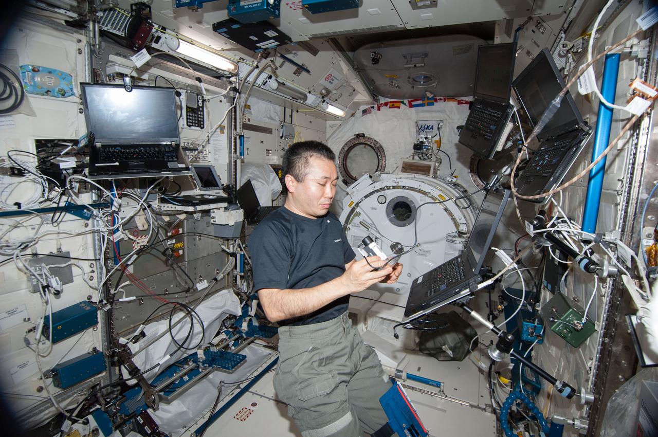 ISS038-E-029082 (12 Jan. 2014) --- Japan Aerospace Exploration Agency astronaut Koichi Wakata, Expedition 38 flight engineer, performs microscopic analysis of the NanoRacks Module-38 Petri Dishes, using Celestron Reflective Microscope, in the Kibo laboratory of the International Space Station. These Module-38 experiments are designed by students as part of a competition sponsored by the International Space School Educational Trust (ISSET). This experiment examines three-dimensional growth of slime mold in petri dishes utilizing the NanoRacks Microscopes Facility.
