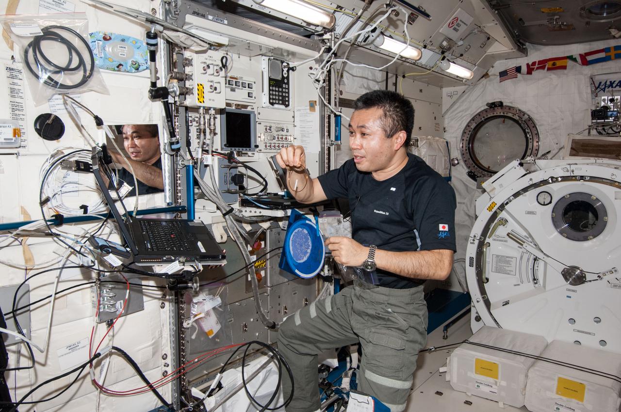 ISS038-E-031384 (14 Jan. 2014) --- Japan Aerospace Exploration Agency astronaut Koichi Wakata, Expedition 38 flight engineer, holds a brass ring at the Zero-Gravity Stowage Rack (ZSR) in the Kibo laboratory of the International Space Station.