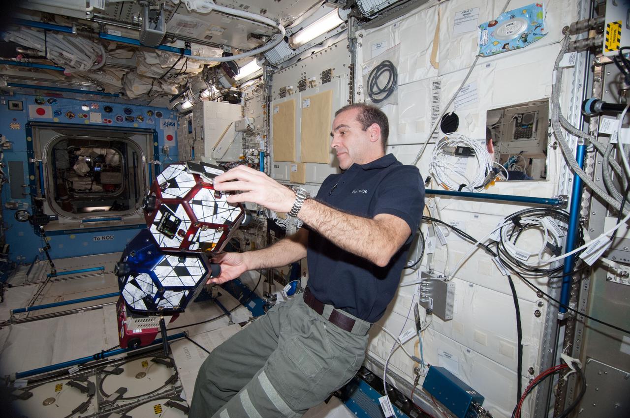 ISS038-E-035432 (23 Jan. 2014) --- NASA astronaut Rick Mastracchio, Expedition 38 flight engineer, works with a pair of basketball-sized, free-flying satellites known Synchronized Position Hold, Engage, Reorient, Experimental Satellites, or SPHERES, in the Kibo laboratory of the International Space Station. For this experiment session, the crew members equipped one of the two SPHERES with a pair of stereoscopic goggles dubbed the Visual Estimation and Relative Tracking for Inspection of Generic Objects, or VERTIGO. As the second SPHERES tumbled and spun, the VERTIGO-equipped robot attempted to map it and perform relative navigation around it.