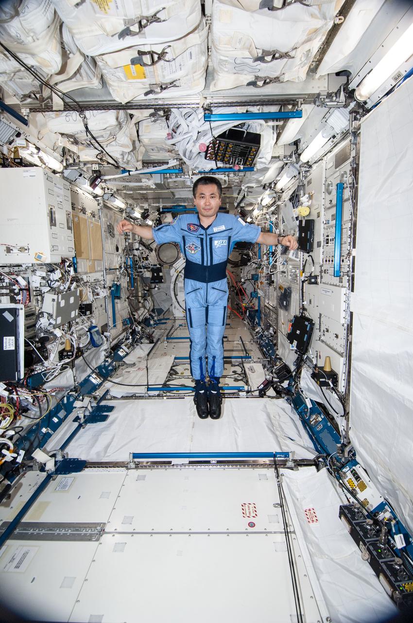 ISS038-E-035470 (24 Jan. 2014) --- Japan Aerospace Exploration Agency astronaut Koichi Wakata, Expedition 38 flight engineer, is pictured wearing the Penguin-3 antigravity pressure/stress suit in the Kibo laboratory of the International Space Station.