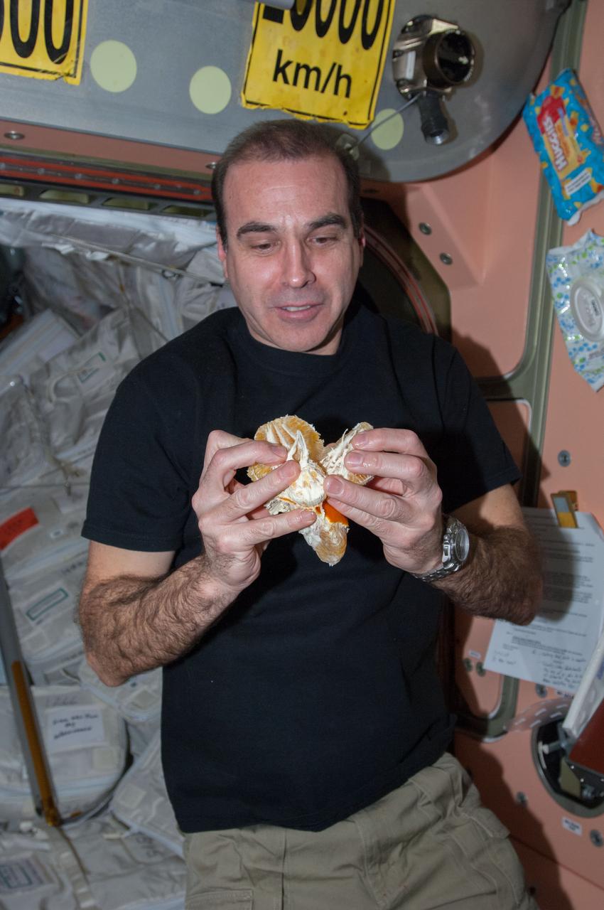 ISS038-E-043027 (6 Feb. 2014) --- NASA astronaut Rick Mastracchio, Expedition 38 flight engineer, prepares to eat a fresh orange in the Unity node of the International Space Station. The fruit was brought to the station on the ISS Progress 54 cargo spacecraft, which docked Feb. 5, 2014.