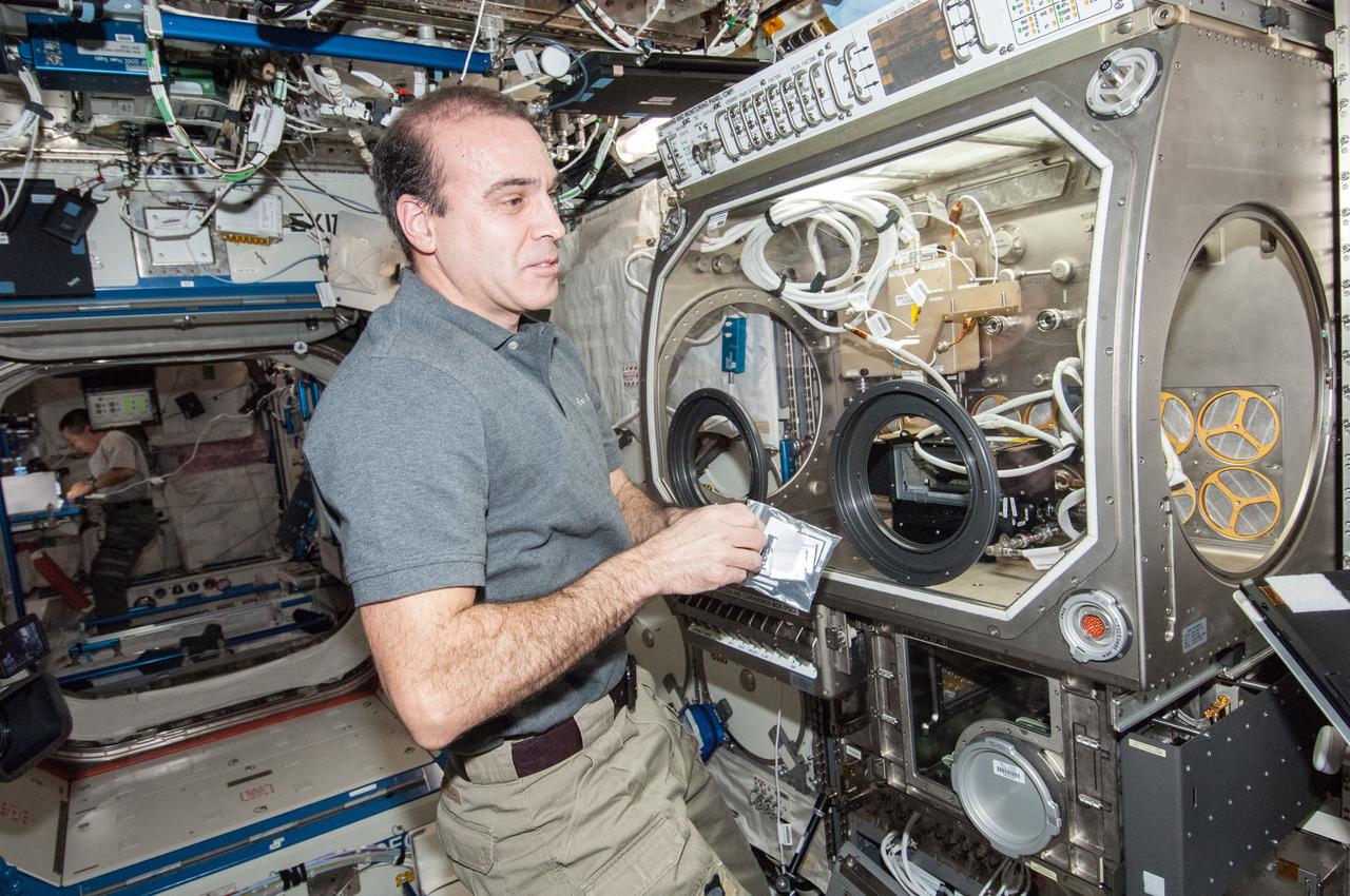 ISS038-E-046381 (12 Feb. 2014) --- NASA astronaut Rick Mastracchio, Expedition 38 flight engineer, sets up the Microgravity Science Glovebox (MSG) for the Burning and Suppression of Solids (BASS-II) experiment in the Destiny laboratory of the International Space Station. BASS-II explores how different substances burn in microgravity with benefits for combustion on Earth and fire safety in space.