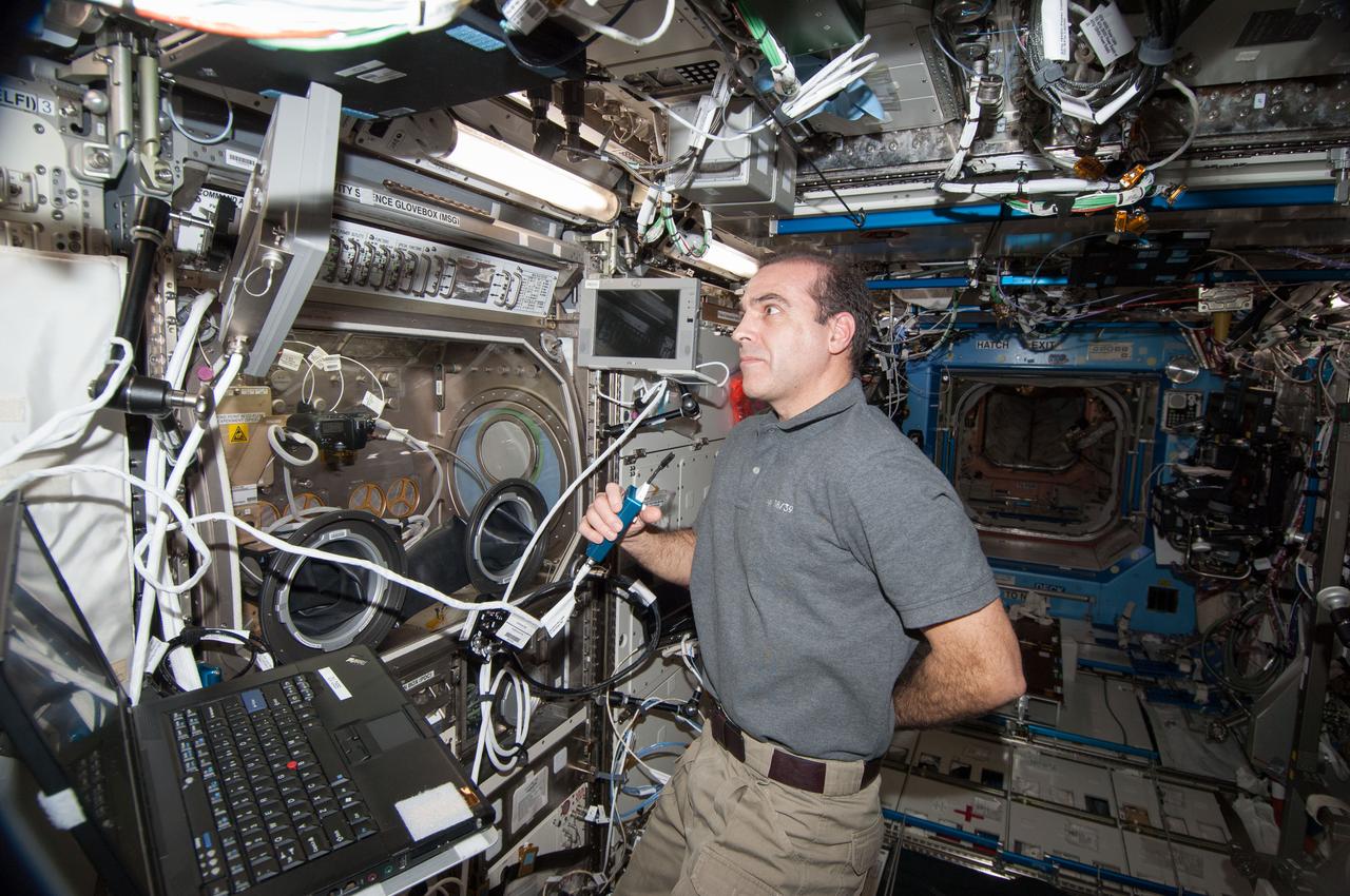 ISS038-E-053251 (18 Feb. 2014) --- NASA astronaut Rick Mastracchio, Expedition 38 flight engineer, works with the Burning and Suppression of Solids (BASS-II) experiment in the Microgravity Science Glovebox (MSG) located in the Destiny laboratory of the International Space Station. BASS-II explores how different substances burn in microgravity with benefits for combustion on Earth and fire safety in space.