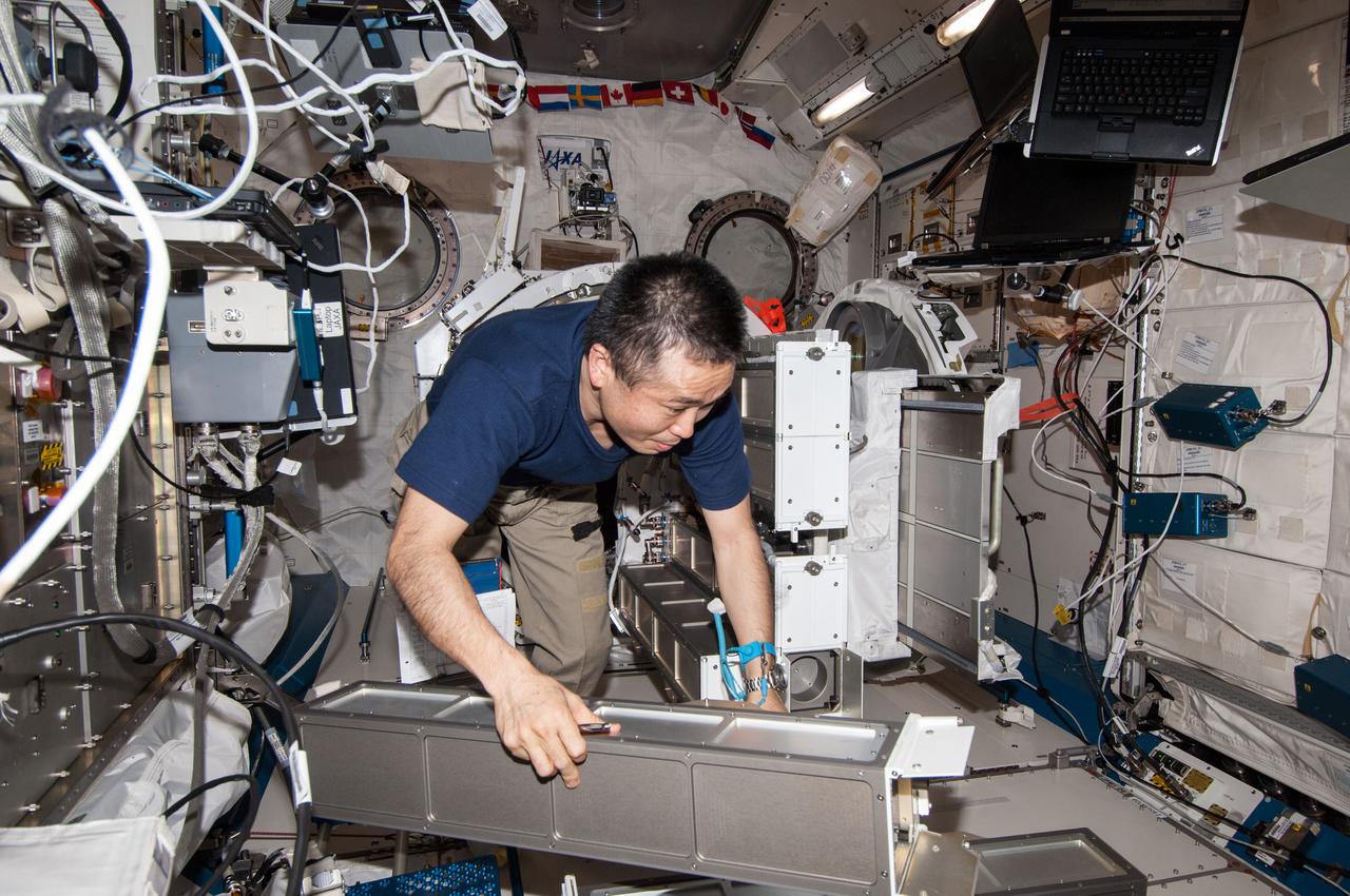 ISS038-E-053276 (19 Feb. 2014) --- In the International Space Station's Kibo laboratory, Japan Aerospace Exploration Agency astronaut Koichi Wakata, Expedition 38 flight engineer, prepares a second batch of NanoRacks CubeSats for deployment.