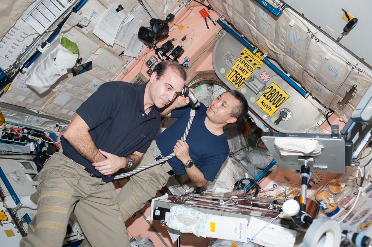 ISS038-E-054116 (22 Feb. 2014) --- Japan Aerospace Exploration Agency astronaut Koichi Wakata, Expedition 38 flight engineer, trims the hair of NASA astronaut Rick Mastracchio, flight engineer, in the Unity node of the International Space Station. Wakata used hair clippers fashioned with a vacuum device to garner freshly cut hair.