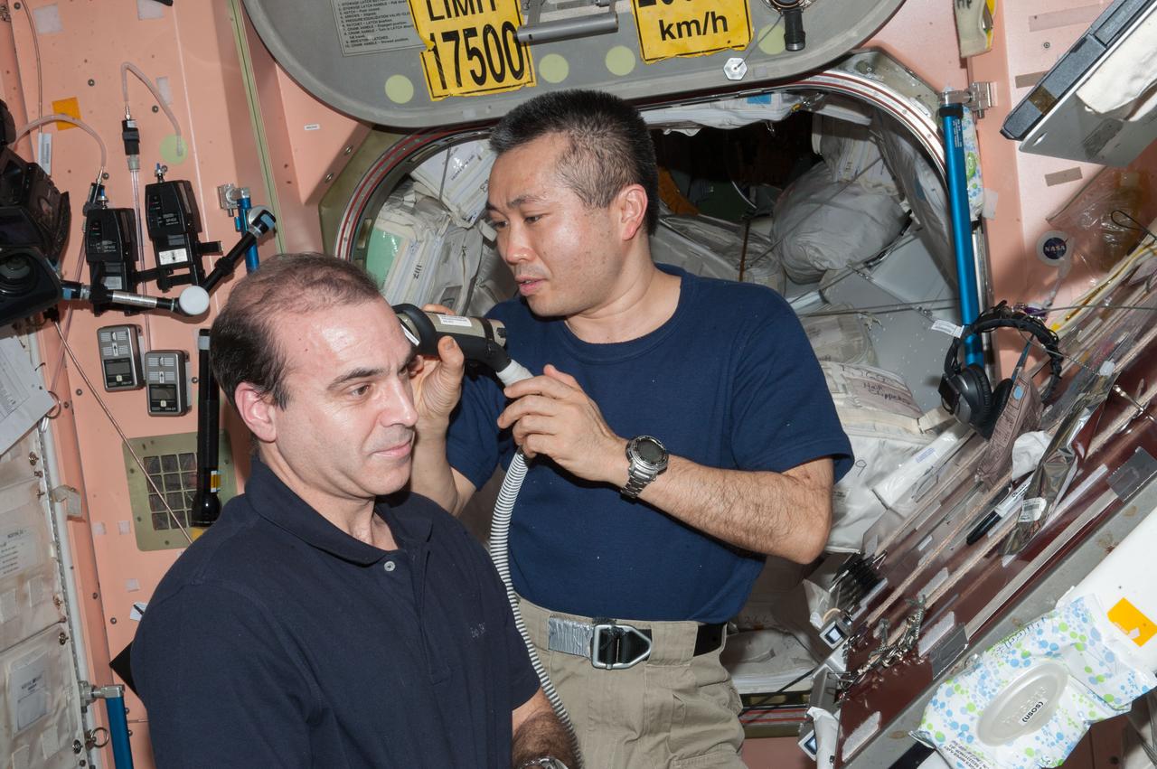 ISS038-E-054117 (22 Feb. 2014) --- Japan Aerospace Exploration Agency astronaut Koichi Wakata, Expedition 38 flight engineer, trims the hair of NASA astronaut Rick Mastracchio, flight engineer, in the Unity node of the International Space Station. Wakata used hair clippers fashioned with a vacuum device to garner freshly cut hair.