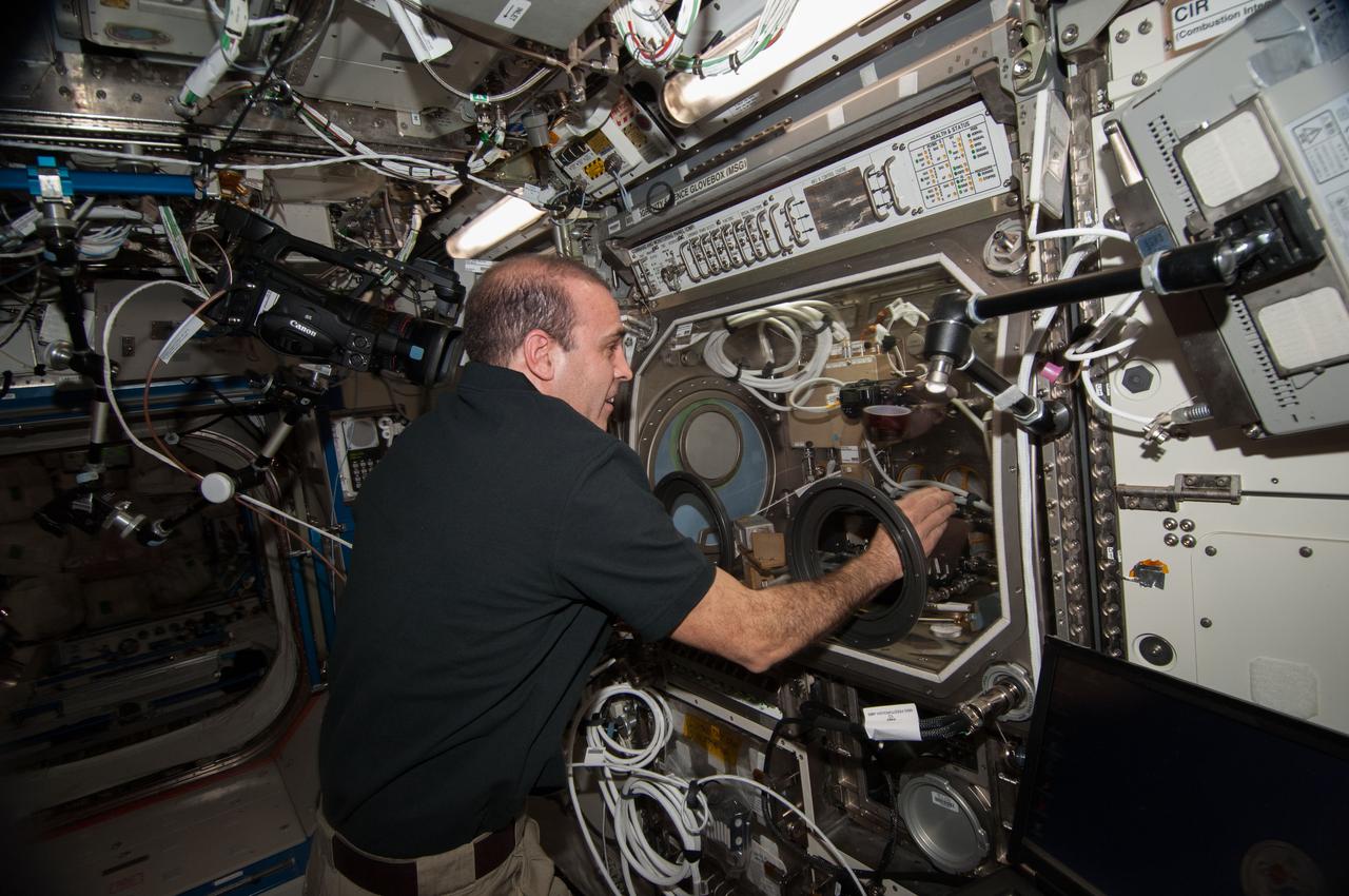 ISS039-E-005726 (27 March 2014) --- Expedition 39 Flight Engineer Rick Mastracchio performs inflight maintenance on an experiment called Burning and Suppression of Solids (BASS)-II. The investigation examines the burning and extinction characteristics of a wide variety of fuel samples in microgravity. The BASS-II experiment will guide strategies for materials flammability screening for use in spacecraft as well as provide valuable data on solid fuel burning behavior in microgravity. BASS-II results contribute to the combustion computational models used in the design of fire detection and suppression systems in microgravity and on Earth.