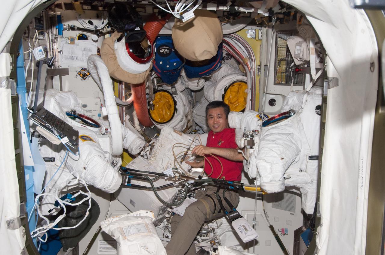 ISS039-E-010332 (9 April 2014) --- Expedition 39 Commander Koichi Wakata of the Japan Aerospace Exploration Agency works with space suits, called extravehicular mobility units, in the Quest airlock of the International Space Station on April 9, 2014.