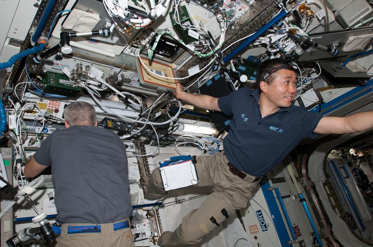 ISS039-E-014393 (21 April 2014) --- Expedition 39 Flight Engineer Steve Swanson, left, and Japan Aerospace Exploration Agency astronaut Koichi Wakata, Expedition 39 commander, participate in the transfer of supplies from the SpaceX Dragon spacecraft, which recently arrived at the orbital complex.