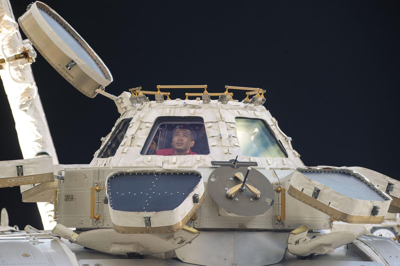 Exterior view of the Cupola Module with Expedition 39 commander and Japan Aerospace Exploration agency (JAXA) astronaut Koichi Wakata inside, looking out through one of the windows. This image was released by Wakata on Twitter.