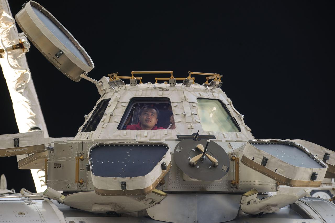 ISS039-E-017171 (27 April 2014) --- Expedition 39 Commander Koichi Wakata of the Japan Aerospace Exploration Agency (JAXA) peers out of one of the windows of the Cupola on the Earth-orbiting International Space Station. A crewmate inside Pirs docking module recorded the image.