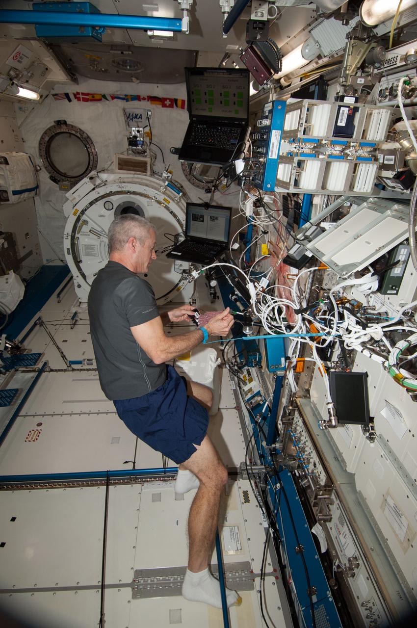 ISS039-E-017568 (30 April 2014) --- NASA astronaut Steve Swanson, Expedition 39 flight engineer, works with NanoRacks hardware in the Kibo laboratory of the Japan Aerospace Exploration Agency (JAXA). He is in the process of inserting BioRack experiment containers and experiment controllers into the BioRack frame.    .