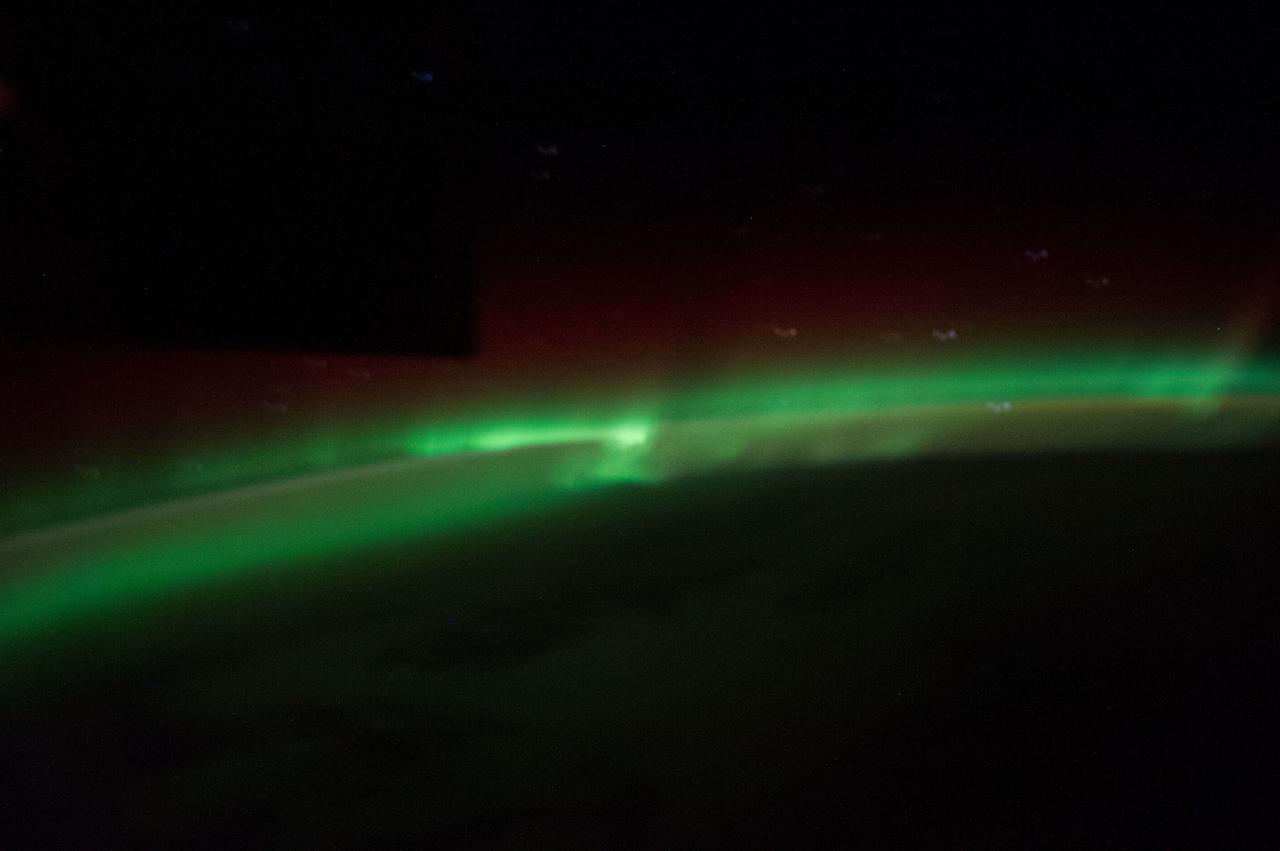 ISS039-E-018314 (3 May 2014) --- One of the Expedition 39 crew members aboard the International Space Station recorded this still image of the Aurora Australis when the orbital outpost was passing over the Indian Ocean on May 3, 2014. Hardware on the station is seen as a silhouette in upper left.