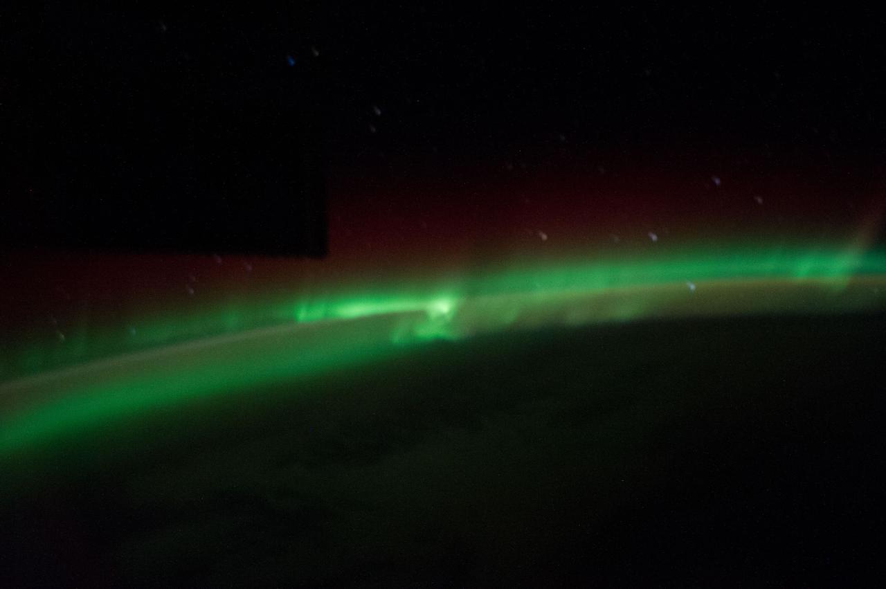 ISS039-E-018315 (3 May 2014) --- One of the Expedition 39 crew members aboard the International Space Station recorded this still image of the Aurora Australis when the orbital outpost was passing over the Indian Ocean on May 3, 2014. Hardware on the station is seen as a silhouette in upper left.