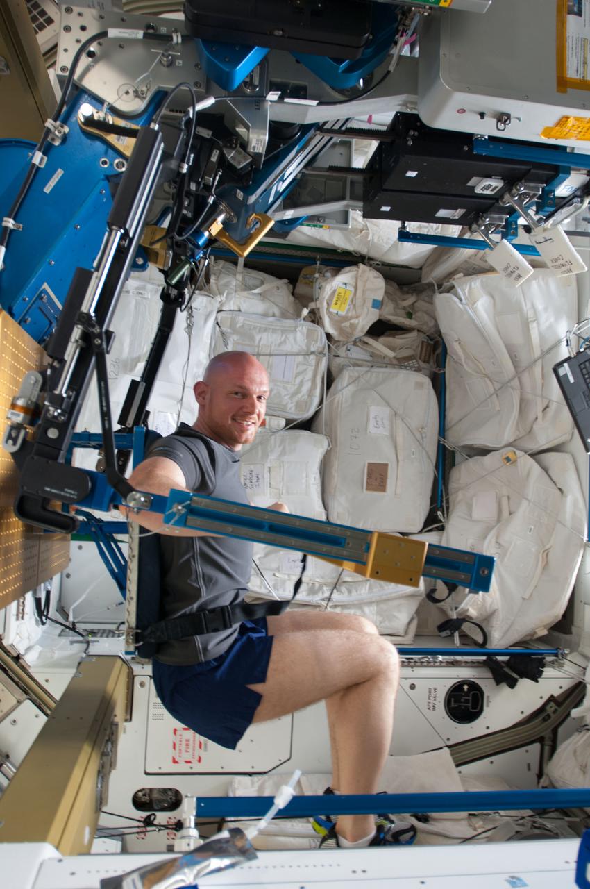 ISS040-E-006099 (30 May 2014) --- European Space Agency astronaut Alexander Gerst, Expedition 40 flight engineer, gets a workout on the advanced Resistive Exercise Device (aRED) in the Tranquility node of the International Space Station.