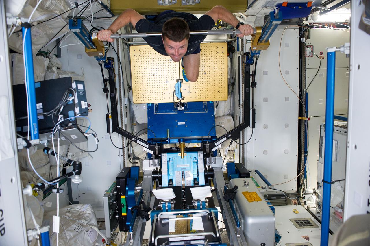 ISS040-E-006339 (1 June 2014) --- NASA astronaut Reid Wiseman, Expedition 40 flight engineer, gets a workout on the advanced Resistive Exercise Device (aRED) in the Tranquility node of the International Space Station.