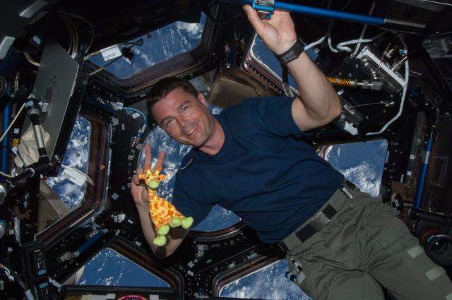 NASA image: Wiseman in Cupola with toy giraffe