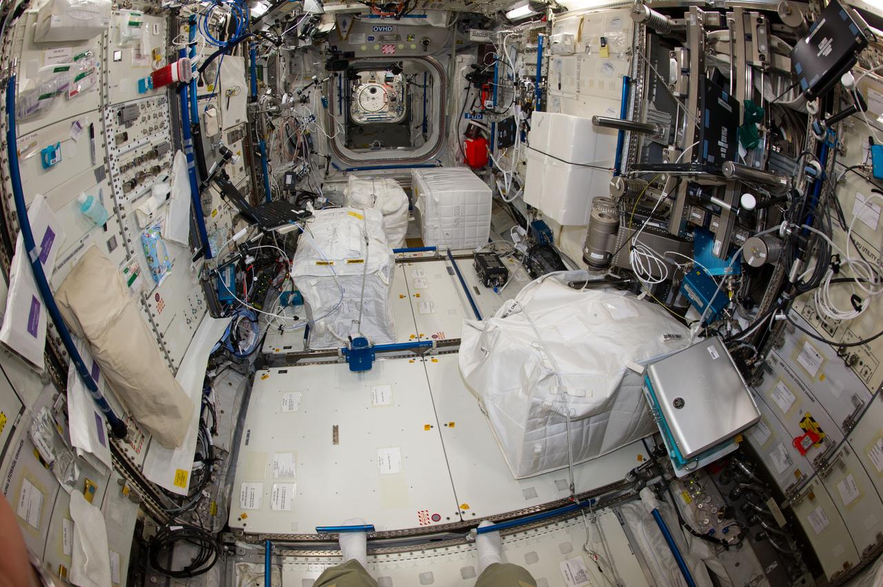ISS040-E-008058 (7 June 2014) --- The interior of the Columbus laboratory is featured in this image photographed by an Expedition 40 crew member on the International Space Station.