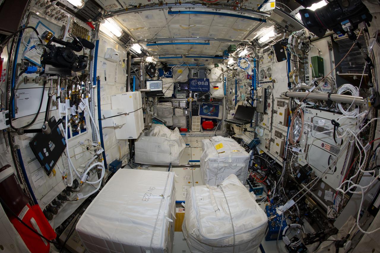 ISS040-E-008065 (7 June 2014) --- The interior of the Columbus laboratory is featured in this image photographed by an Expedition 40 crew member on the International Space Station.