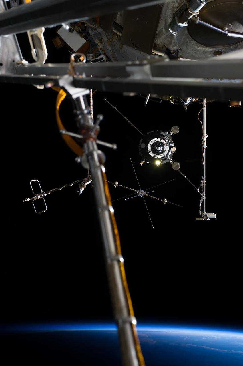 ISS040-E-008865 (9 June 2014) --- The unpiloted ISS Progress 53 resupply craft separates from the International Space Station. Undocking from the Zvezda Service Module aft port occurred at 9:29 a.m. (EDT) on June 9, 2014.