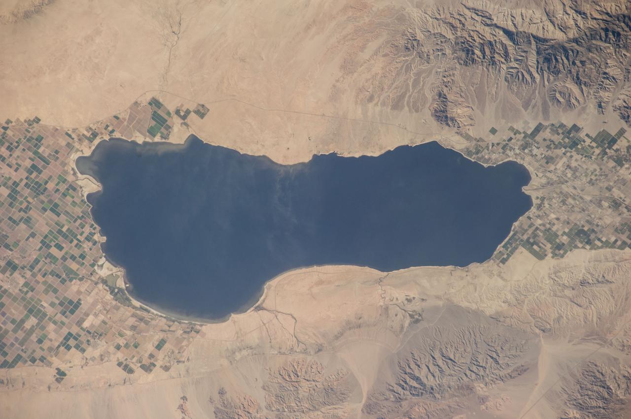 ISS040-E-011868 (14 June 2014) --- The dark waters of the Salton Sea stand out against neighboring cultivation and desert sands in the middle of the Southern California desert, as photographed by one of the Expedition 40 crew members aboard the Earth-orbiting International Space Station on June 14, 2014.