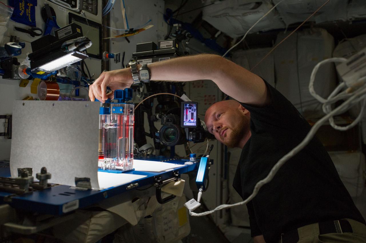 ISS040-E-015545 (19 June 2014) --- European Space Agency astronaut Alexander Gerst, Expedition 40 flight engineer, conducts a session with the Capillary Flow Experiment (CFE-2) in the Harmony node of the International Space Station. CFE is a suite of fluid physics experiments that investigate how fluids behave in microgravity which could benefit water and fuel delivery systems on future spacecraft. Scientists designed the CFE-2 to study properties of fluids and bubbles inside containers with a specific 3-D geometry.