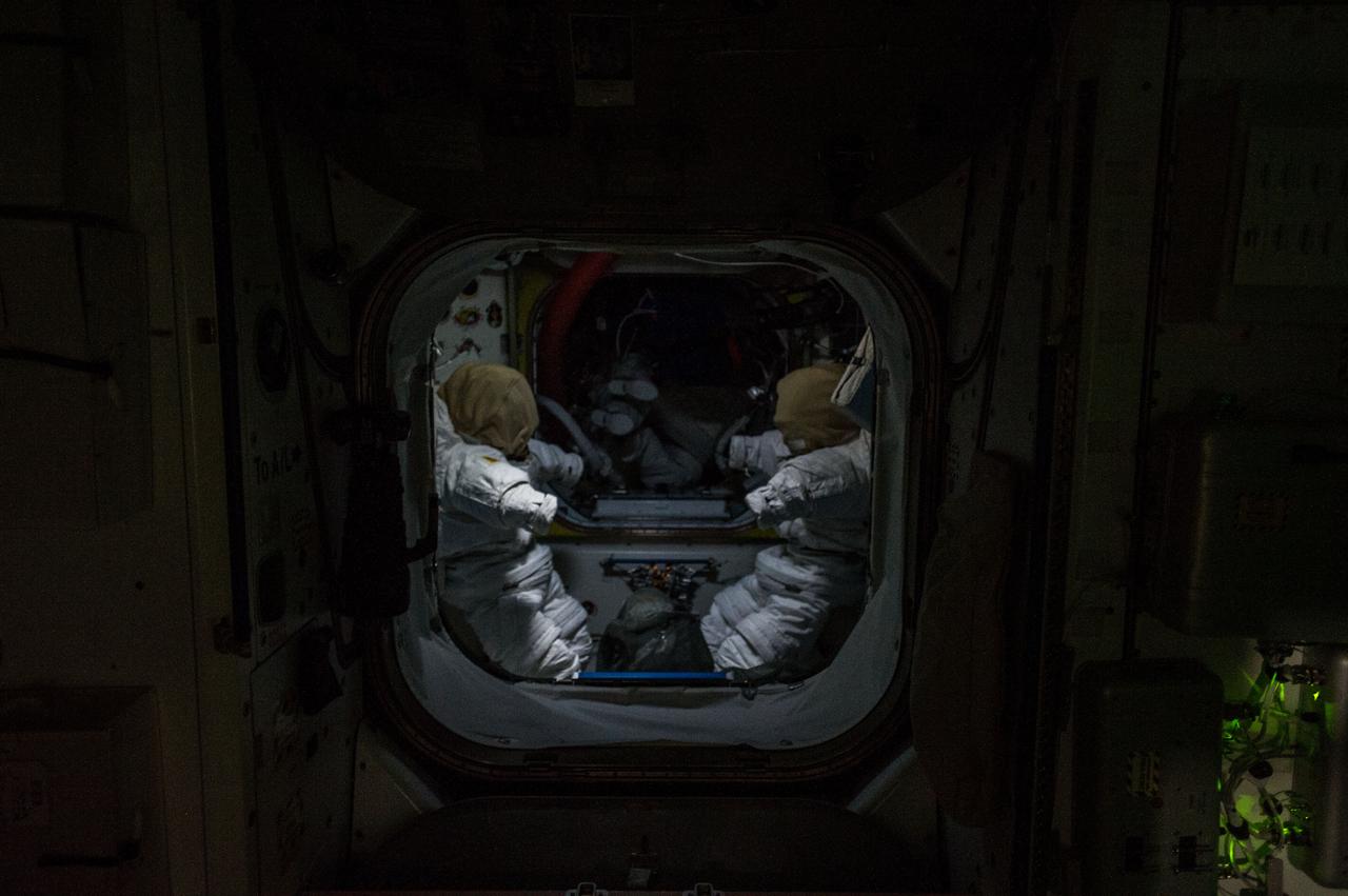 Dark view of two Extravehicular Mobility Units (EMUs) located in the Quest airlock. Photo taken by the Expedition 40 crew.