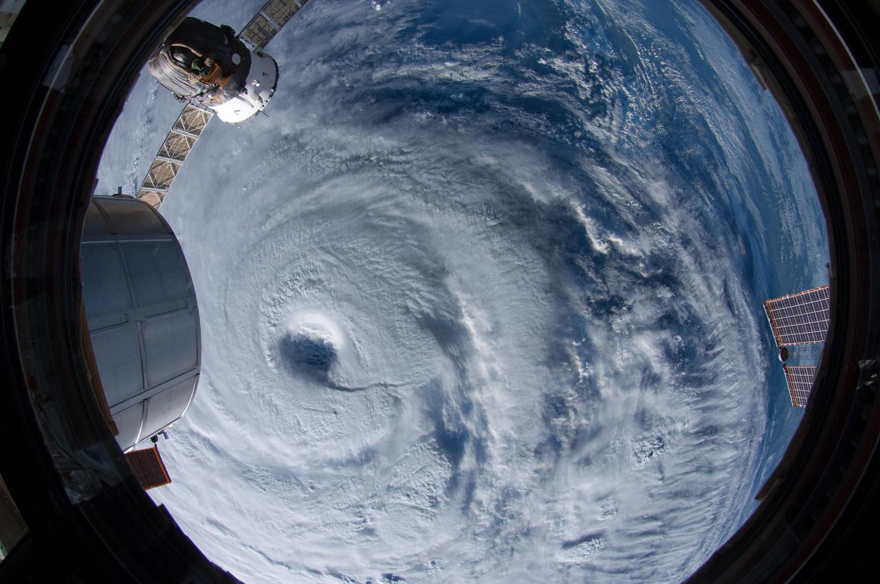 ISS040-E-042772 (7 July 2014) --- One of the Expedition 40 crew members aboard the International Space Station photographed a series of images of Typhoon Neoguri in the vicinity of Japan on July 7, 2014. This near-vertical 10.5 focal length view showing the eye on left side of the visible area was photographed at 21:54:04 GMT. A docked Russian spacecraft is partially visible in upper left.