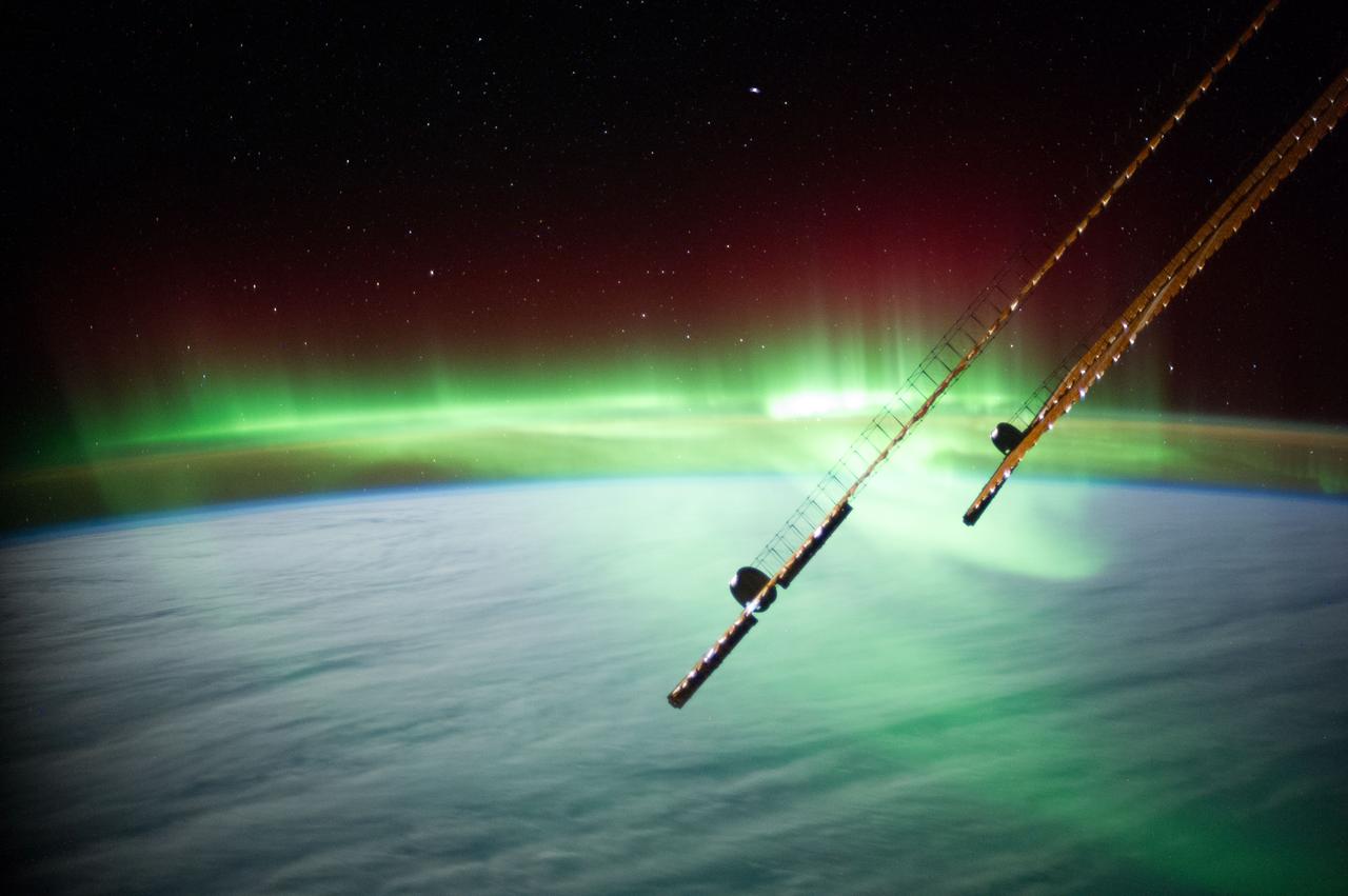 ISS040-E-066028 (15 July 2014) --- One of the more spectacular scenes of the Aurora Australis was photographed by one of the Expedition 40 crew members aboard the International Space Station from an altitude of approximately 223 nautical miles on July 15, 2014. The crew member used a 50mm lens to record the image as the orbital outpost was over a point south of Australia. Parts of solar array panels of the space station are visible at right.