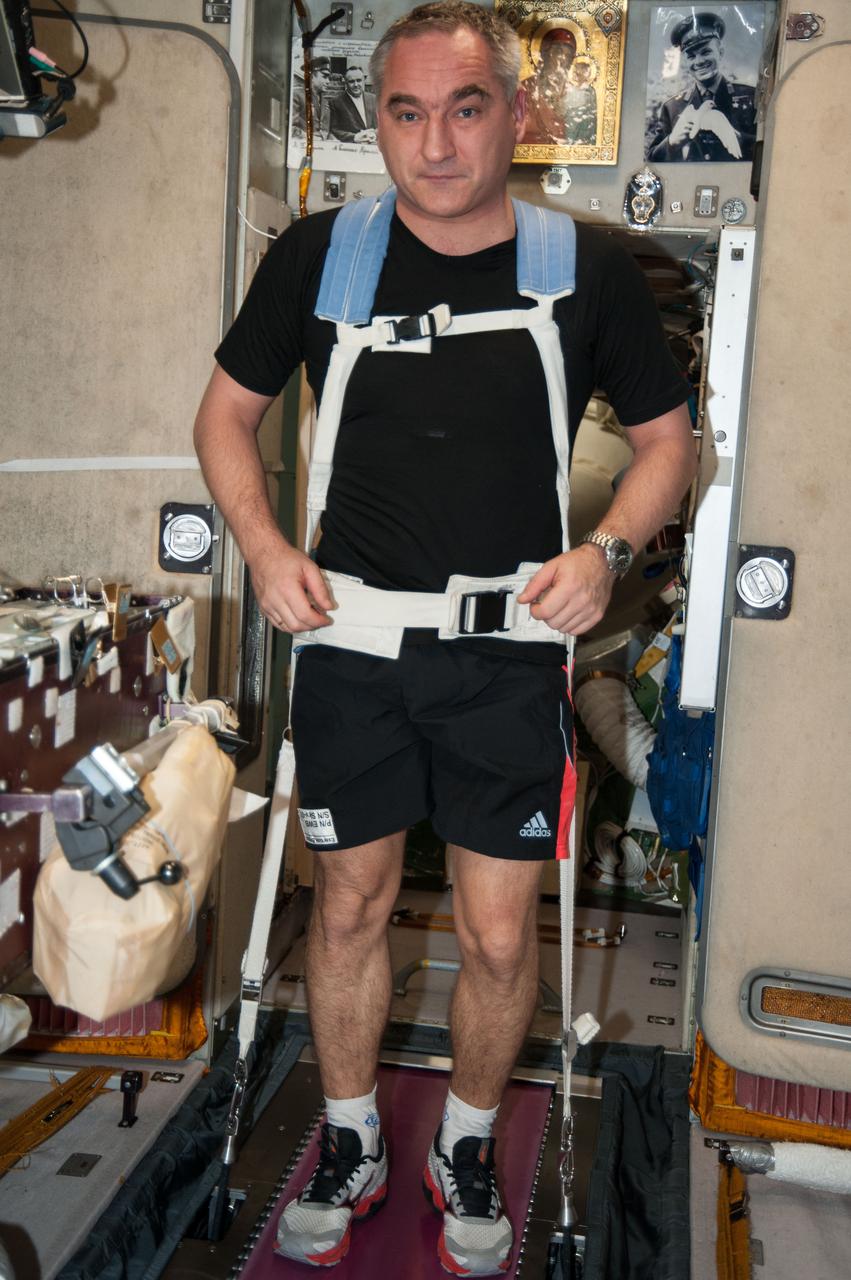 iss040e071323 (7/23/2014) --- Russian cosmonaut Alexander Skvortsov, exercises on the Treadmill Vibration Isolation System (TVIS) in the Zvezda Service Module of the International Space Station (ISS). Photo is part of IVA clothing study. The Intravehicular Activity Clothing Study (IVA Clothing Study) dresses crewmembers in commercially available lightweight clothes that have been designed to resist odors.