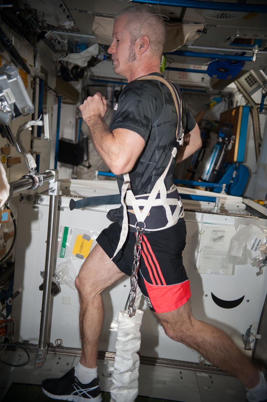 iss040e074772 (7/24/2014) --- NASA astronaut Steve Swanson exercises on the Combined Operational Load Bearing External Resistance Treadmill (COLBERT) in the Tranquility Node 3 module of the International Space Station (ISS). Photo is part of IVA clothing study. The Intravehicular Activity Clothing Study (IVA Clothing Study) dresses crewmembers in commercially available lightweight clothes that have been designed to resist odors.