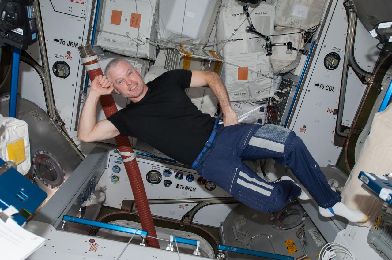 iss040e074848 (7/23/2014) --- NASA astronaut Steve Swanson wearing everyday clothing aboard the International Space Station (ISS). Photo is part of IVA clothing study. The Intravehicular Activity Clothing Study (IVA Clothing Study) dresses crewmembers in commercially available lightweight clothes that have been designed to resist odors.