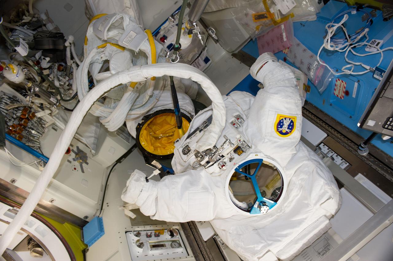 View of an Extravehicular Mobility Unit (EMU) stowed in the Quest airlock as seen by the Expedition 40 crew.