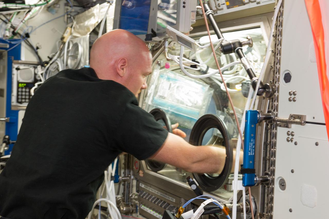 ISS040-E-083576 (30 July 2014) --- European Space Agency astronaut Alexander Gerst, Expedition 40 flight engineer, performs two tests with a combustion experiment known as the Burning and Suppression of Solids (BASS-II) in the Microgravity Science Glovebox (MSG) in the Destiny laboratory of the International Space Station. The experiment seeks to provide insight on how flames burn in space compared to Earth which may provide fire safety benefits aboard future spacecraft.