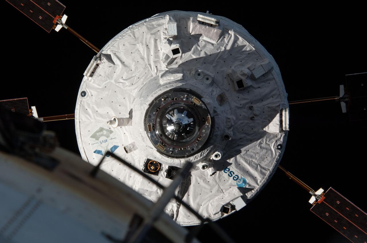 ISS040-E-091350 (12 Aug. 2014) --- The ?Georges Lemaitre? Automated Transfer Vehicle (ATV-5), photographed by an Expedition 40 crew member, is about to dock to the aft port of the International Space Station?s Zvezda Service Module. Docking occurred at 8:30 a.m. (CDT) as the ATV and the station flew 260 miles over southern Kazakhstan, following a two-week period of free-flight.