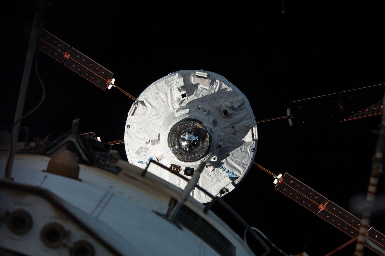 ISS040-E-091352 (12 Aug. 2014) --- The ?Georges Lemaitre? Automated Transfer Vehicle (ATV-5), photographed by an Expedition 40 crew member, is about to dock to the aft port of the International Space Station?s Zvezda Service Module. Docking occurred at 8:30 a.m. (CDT) as the ATV and the station flew 260 miles over southern Kazakhstan, following a two-week period of free-flight.