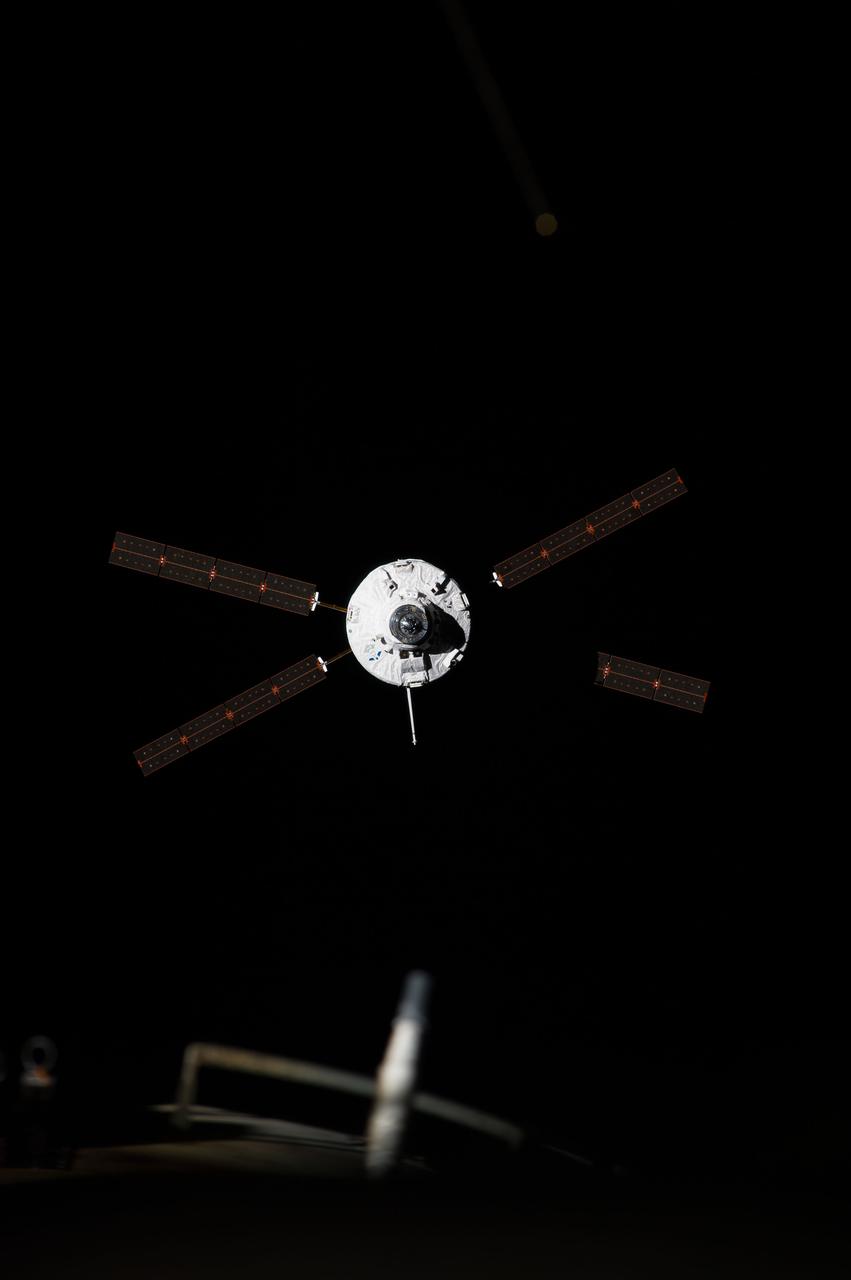 ISS040-E-091906 (12 Aug. 2014) --- The ?Georges Lemaitre? Automated Transfer Vehicle (ATV-5), photographed by an Expedition 40 crew member, approaches the aft port of the International Space Station?s Zvezda Service Module. Docking occurred at 8:30 a.m. (CDT) as the ATV and the station flew 260 miles over southern Kazakhstan, following a two-week period of free-flight.