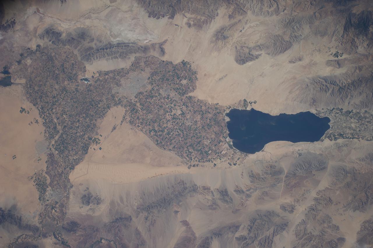 ISS040-E-114379 (31 Aug. 2014) --- One of the Expedition 40 crew members aboard the Earth-orbiting International Space Station, flying at an altitude of approximately 225 nautical miles, photographed this image of California's Salton Sea on Aug. 31, 2014. The body of water is actually a shallow, saline, endorheic rift lake located directly on the San Andreas Fault, predominantly in the Imperial and Coachella Valleys.