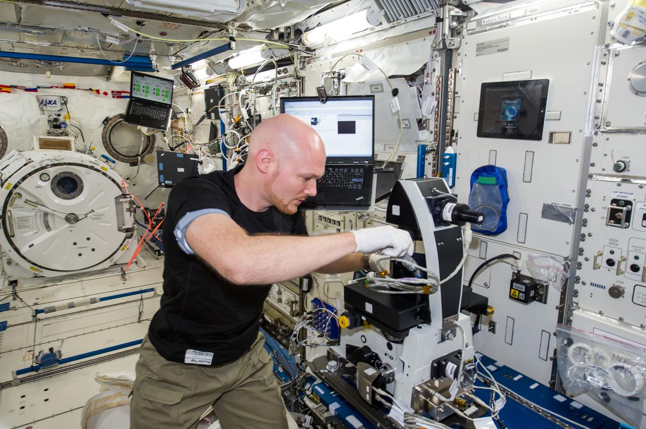 European Space Agency astronaut Alexander Gerst,Expedition 40 flight engineer,installs a microscope for the Cell Mechanosensing-2 experiment in the Kibo laboratory of the International Space Station. The Japanese experiment,which is conducted in Kibos Kobairo rack,seeks to identify gravity sensors in cells that may change the expression of key proteins and genes and allowing muscles to atrophy in microgravity.
