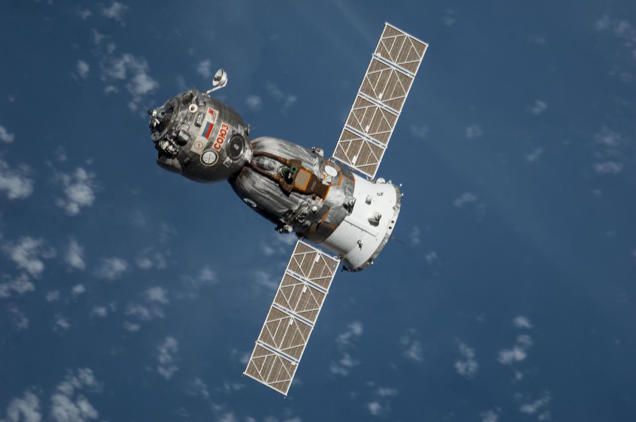 ISS041-E-000005 (10 Sept. 2014) --- The Soyuz TMA-12M spacecraft departs from the International Space Station and heads toward a landing in a remote area near the town of Zhezkazgan, Kazakhstan. NASA astronaut Steve Swanson, Expedition 40 commander; Russian cosmonaut Alexander Skvortsov, Soyuz commander and flight engineer; and Russian cosmonaut Oleg Artemyev, flight engineer, are returning from more than five months aboard the space station where they served as members of the Expedition 39 and 40 crews. Landing occurred at 10:23 p.m. (EDT), Sept. 10, 2014 (8:23 a.m., Sept. 11, Kazakh time).