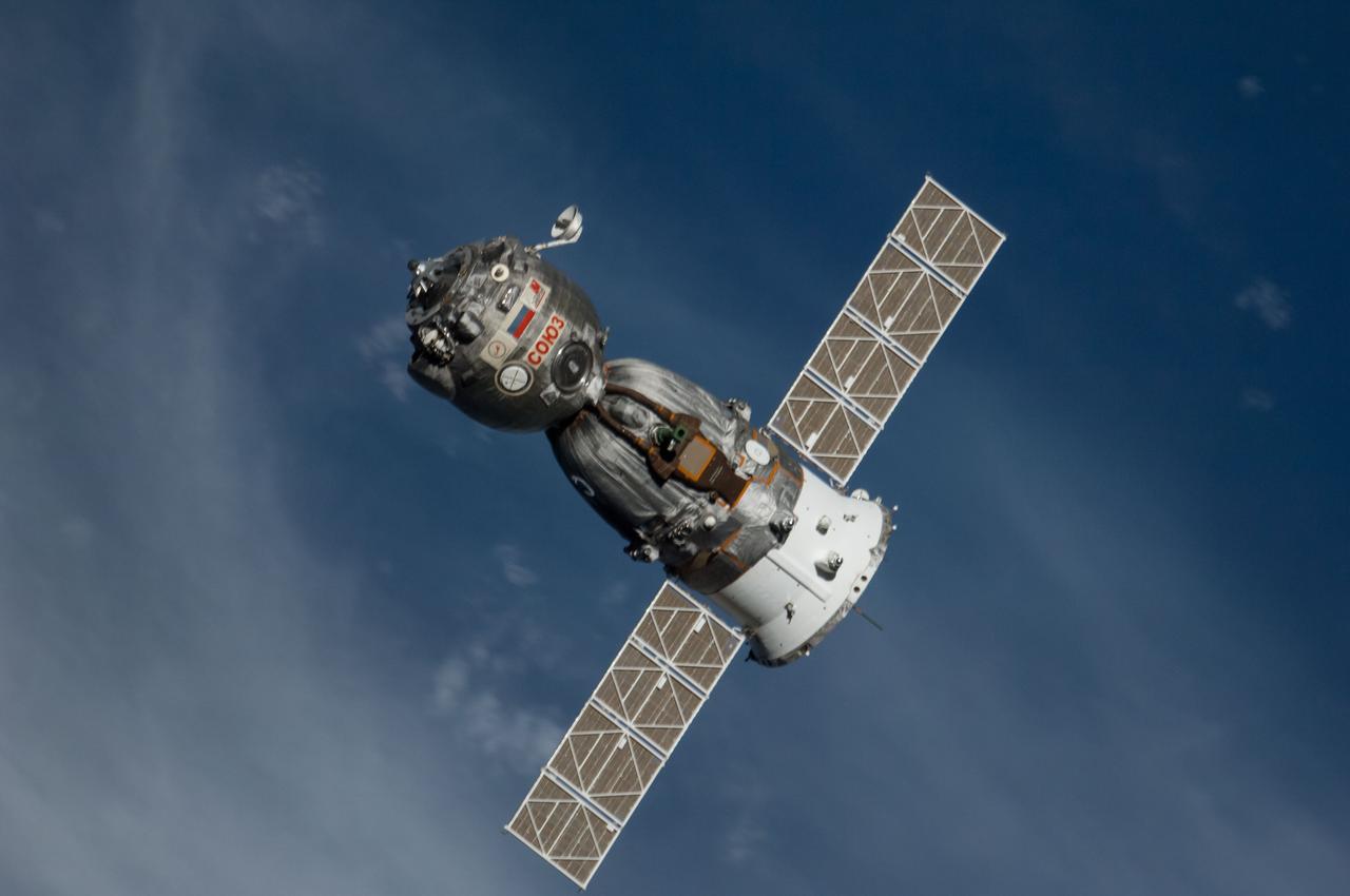 ISS041-E-000012 (10 Sept. 2014) --- The Soyuz TMA-12M spacecraft departs from the International Space Station and heads toward a landing in a remote area near the town of Zhezkazgan, Kazakhstan. NASA astronaut Steve Swanson, Expedition 40 commander; Russian cosmonaut Alexander Skvortsov, Soyuz commander and flight engineer; and Russian cosmonaut Oleg Artemyev, flight engineer, are returning from more than five months aboard the space station where they served as members of the Expedition 39 and 40 crews. Landing occurred at 10:23 p.m. (EDT), Sept. 10, 2014 (8:23 a.m., Sept. 11, Kazakh time).